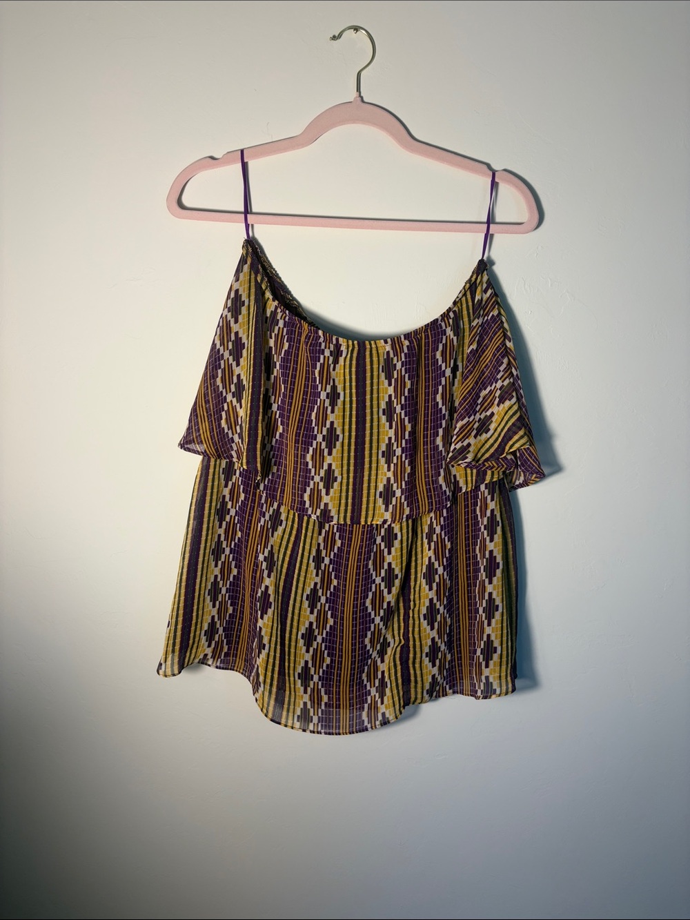 Judith March Boho Aztec Tiered off-shoulder Cami Blouse LSU Purple Yellow L
